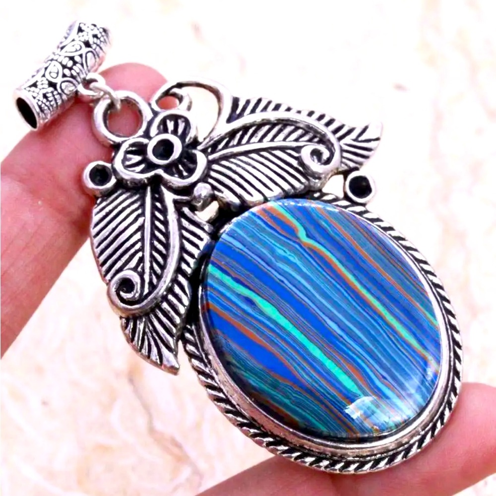 Sterling Silver 925 Plated Handmade Calsilica Ornate Bohemian Slider Pendant.